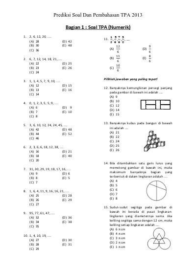 Prediksi Soal Dan Pembahasan TPA Bagian 1 : Soal TPA (Numerik)