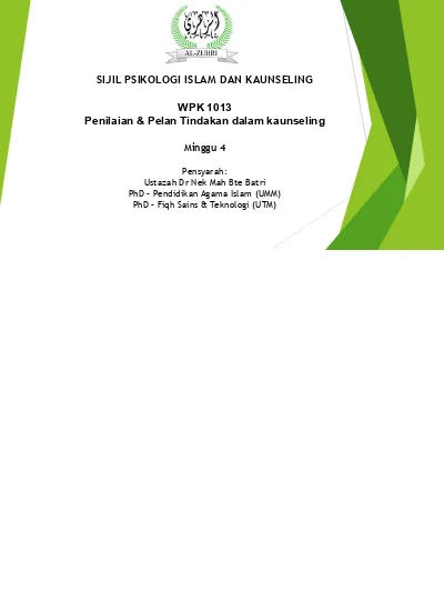 Sijil Psikologi Islam Dan Kaunseling Wpk 913 Kaedah Terapi Minggu 2