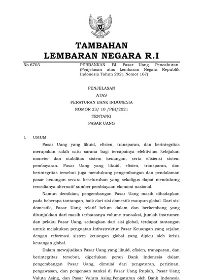 TAMBAHAN LEMBARAN NEGARA R.I No.6703 PERBANKAN. BI. Pasar Uang ...