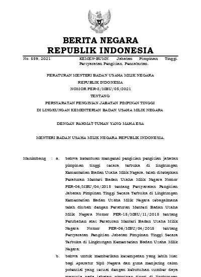 BERITA NEGARA REPUBLIK INDONESIA No. 559, 2021 KEMEN-BUMN. Jabatan ...