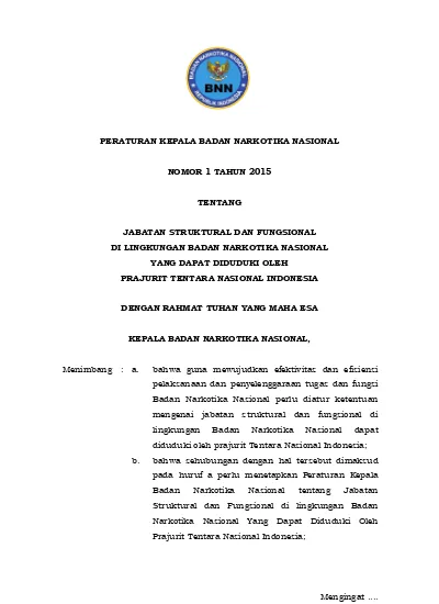 PERATURAN KEPALA BADAN NARKOTIKA NASIONAL NOMOR 1 TAHUN 2015 TENTANG