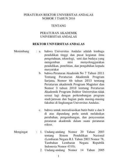 Peraturan Rektor Universitas Andalas Nomor 3 Tahun 2016 Tentang 