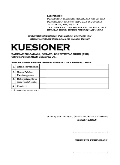 Dokumen Kuesioner Pemberian Bantuan Psu Berupa Rumah Tunggal Dan Rumah Deret