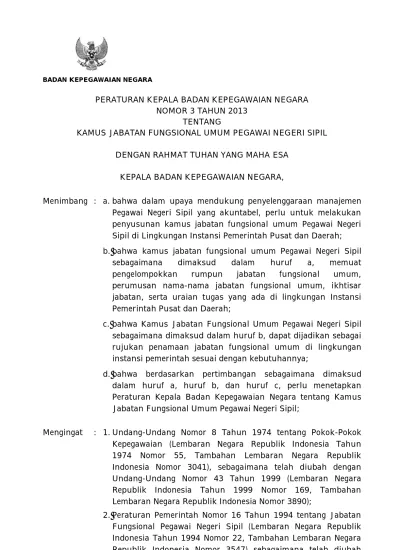 PERATURAN KEPALA BADAN KEPEGAWAIAN NEGARA NOMOR 3 TAHUN 2013 TENTANG ...