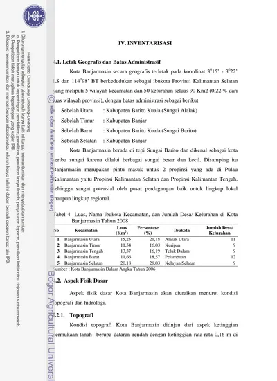 IV. INVENTARISASI. Tabel 4 Luas, Nama Ibukota Kecamatan, Dan Jumlah ...