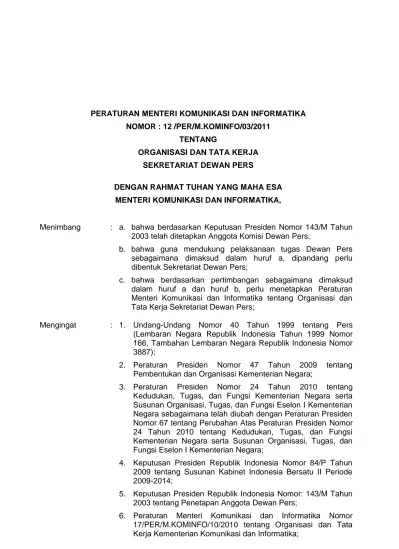 PERATURAN MENTERI KOMUNIKASI DAN INFORMATIKA NOMOR : 12 /PER/M.KOMINFO ...