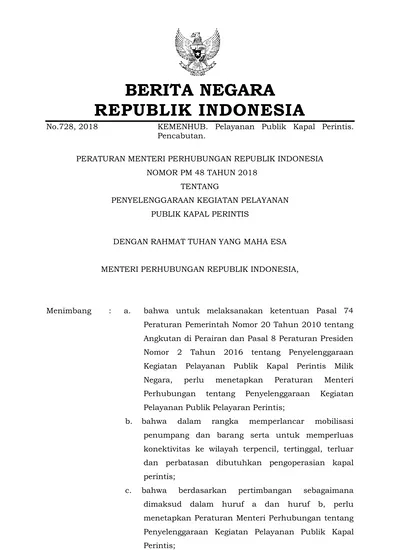 No.728, 2018 BERITA NEGARA REPUBLIK INDONESIA KEMENHUB. Pelayanan ...