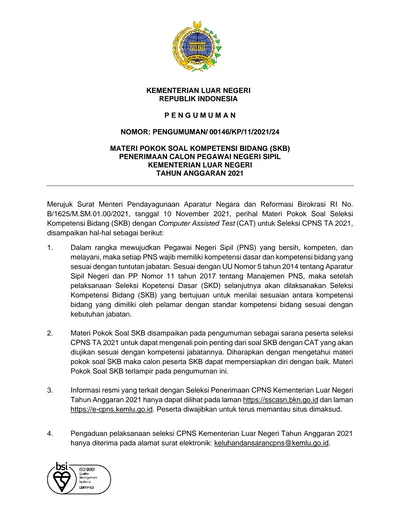 KEMENTERIAN LUAR NEGERI REPUBLIK INDONESIA P E N G U M U M A N NOMOR ...