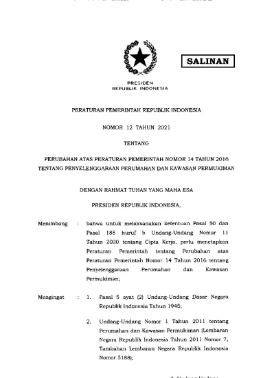 SALINAN. Pasal 185 Huruf B Undang-Undang Nomor 1i. Peraturan Pemerintah ...