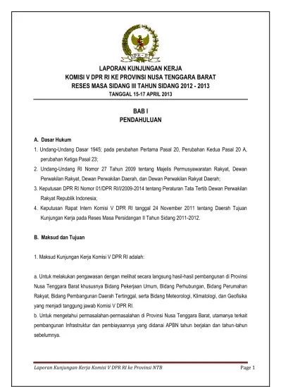 LAPORAN KUNJUNGAN KERJA KOMISI V DPR RI KE PROVINSI NUSA TENGGARA BARAT ...