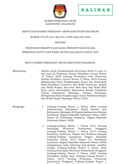 KOMISI PEMILIHAN UMUM KABUPATEN BALANGAN KEPUTUSAN KOMISI PEMILIHAN ...