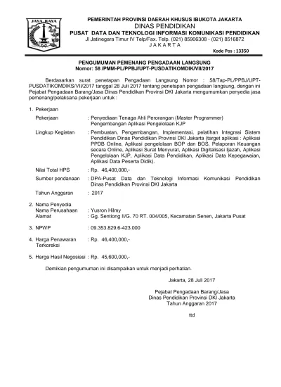 PENGUMUMAN PEMENANG PENGADAAN LANGSUNG Nomor: 58 /PMM-PL/PPBJ/UPT ...