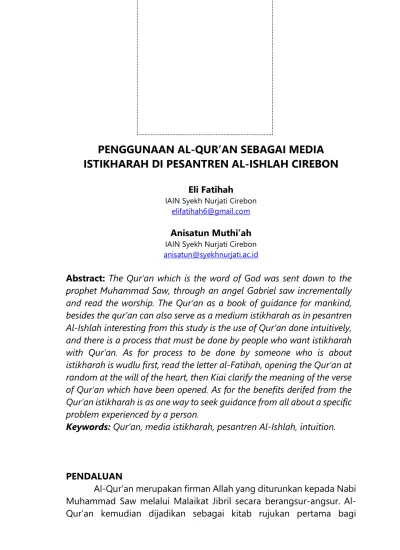 Penggunaan Al Qur An Sebagai Media Istikharah Di Pesantren Al Ishlah