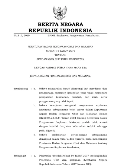 No.819, 2019 BERITA NEGARA REPUBLIK INDONESIA BPOM. Suplemen ...