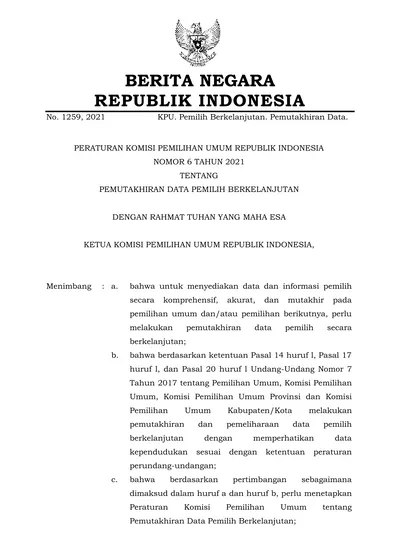 No. 1259, 2021 BERITA NEGARA REPUBLIK INDONESIA KPU. Pemilih ...