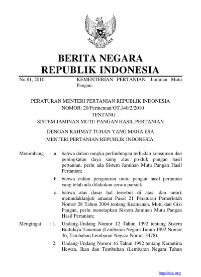 BERITA NEGARA REPUBLIK INDONESIA KEMENTERIAN PERTANIAN. Jaminan Mutu ...