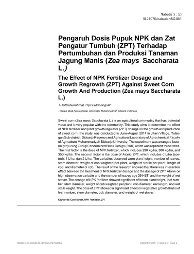 Pengaruh Dosis Pupuk Npk Dan Zat Pengatur Tumbuh Zpt Terhadap Pertumbuhan Dan Produksi Tanaman