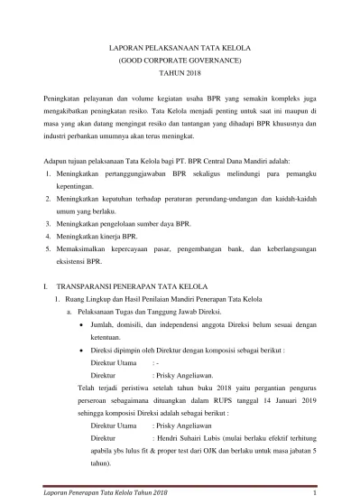 LAPORAN PELAKSANAAN TATA KELOLA (GOOD CORPORATE GOVERNANCE) TAHUN 2018