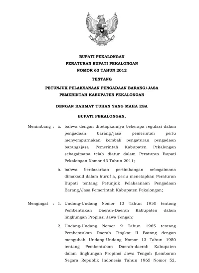 BUPATI PEKALONGAN PERATURAN BUPATI PEKALONGAN NOMOR 63 TAHUN 2012 ...