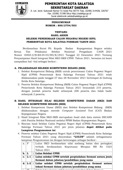 PENGUMUMAN NOMOR : 800/2754/503 TENTANG HASIL AKHIR SELEKSI PENERIMAAN ...