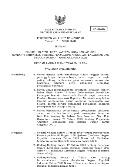 WALI KOTA BANJARBARU PROVINSI KALIMANTAN SELATAN PERATURAN WALI KOTA ...