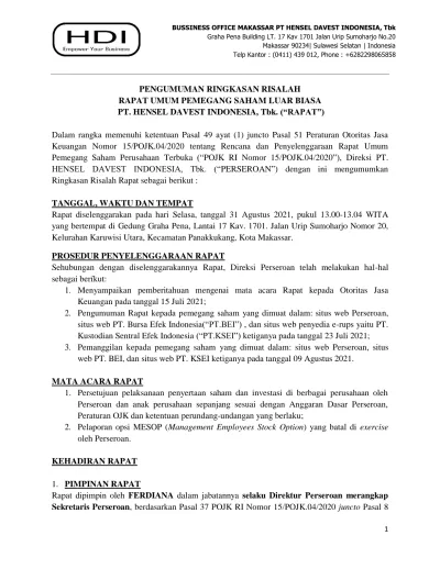 Pengumuman Ringkasan Risalah Rapat Umum Pemegang Saham Luar Biasa Pt