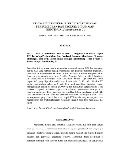 PENGARUH PEMBERIAN PUPUK KCl TERHADAP PERTUMBUHAN DAN PRODUKSI TANAMAN ...