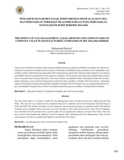 PENGARUH MANAJEMEN PAJAK, PERTUMBUHAN PENJUALAN DAN UKU- RAN PERUSAHAAN ...