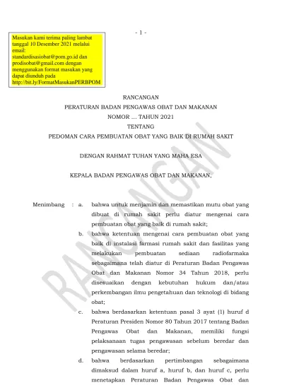 - 1 - RANCANGAN PERATURAN BADAN PENGAWAS OBAT DAN MAKANAN NOMOR TAHUN ...