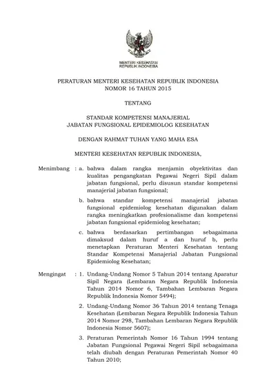 PERATURAN MENTERI KESEHATAN REPUBLIK INDONESIA NOMOR 16 TAHUN 2015 ...