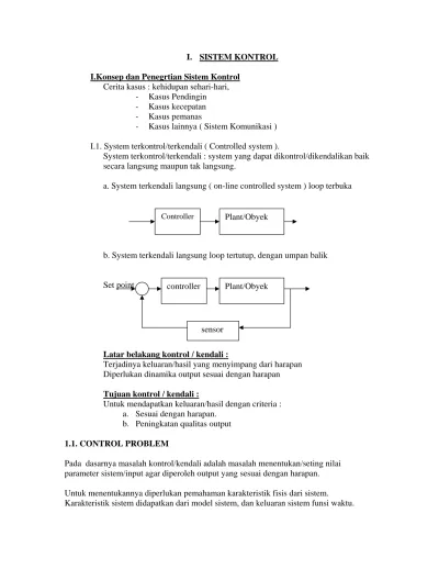 I. SISTEM KONTROL. Plant/Obyek. B. System Terkendali Langsung Loop ...