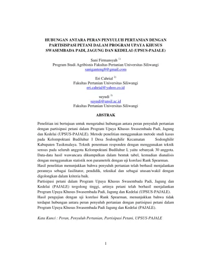 HUBUNGAN ANTARA PERAN PENYULUH PERTANIAN DENGAN PARTISISPASI PETANI ...