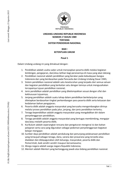 UNDANG UNDANG REPUBLIK INDONESIA NOMOR 2 TAHUN 1989 TENTANG SISTEM ...