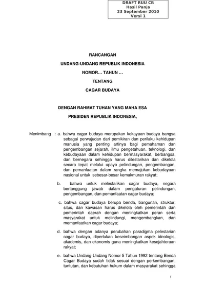 RANCANGAN UNDANG UNDANG REPUBLIK INDONESIA TENTANG CAGAR BUDAYA DENGAN ...