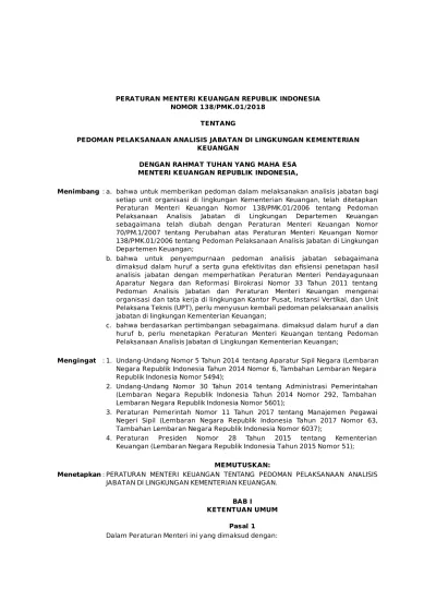 PERATURAN MENTERI KEUANGAN REPUBLIK INDONESIA NOMOR 138/PMK.01/2018 ...