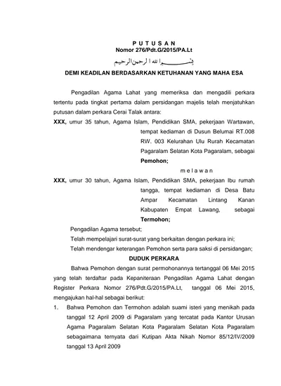 P U T U S A N Nomor 276/Pdt.G/2015/PA.Lt. Μm9# Κm9 #! # K DEMI KEADILAN ...