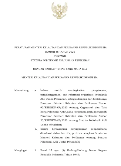 PERATURAN MENTERI KELAUTAN DAN PERIKANAN REPUBLIK INDONESIA NOMOR 46 ...