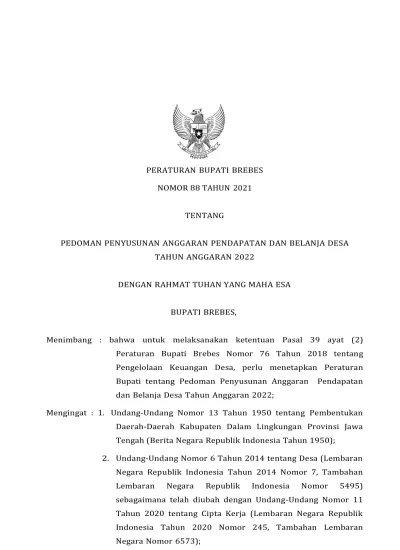 PERATURAN BUPATI BREBES NOMOR 88 TAHUN 2021 TENTANG PEDOMAN PENYUSUNAN ...