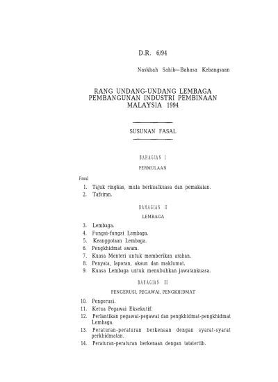 RANG UNDANG-UNDANG LEMBAGA PEMBANGUNAN INDUSTRI PEMBINAAN MALAYSIA 1994