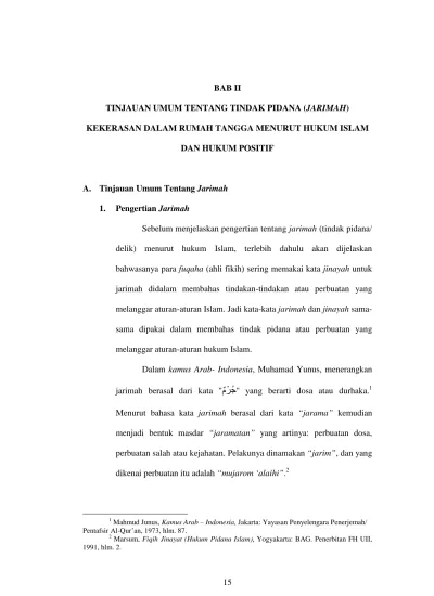 BAB II TINJAUAN UMUM TENTANG TINDAK PIDANA (JARIMAH) KEKERASAN DALAM ...