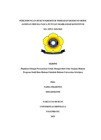 PERLINDUNGAN HUKUM KREDITUR TERHADAP EKSEKUSI OBJEK JAMINAN FIDUSIA ...