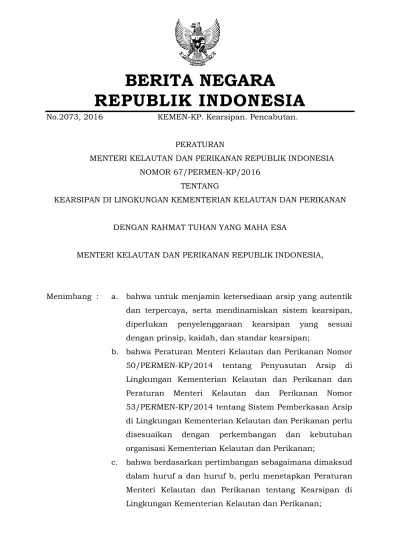 2 Mengingat : 1. UndangUndang Nomor 43 Tahun 2009 Tentang Kearsipan ...