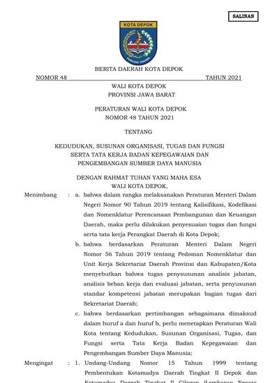 BERITA DAERAH KOTA DEPOK NOMOR 48 TAHUN 2021 WALI KOTA DEPOK PROVINSI ...