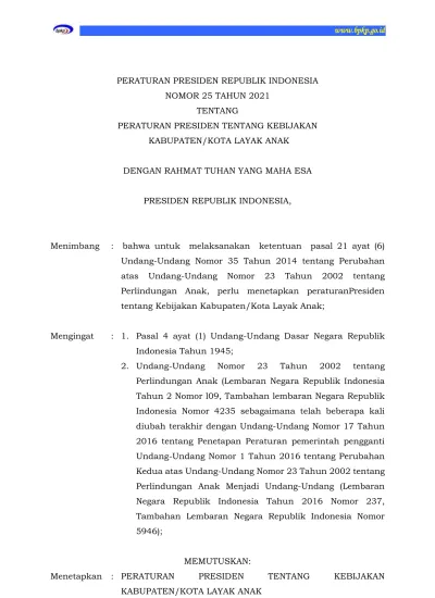 Peraturan Presiden Republik Indonesia Nomor 25 Tahun 2021 Tentang