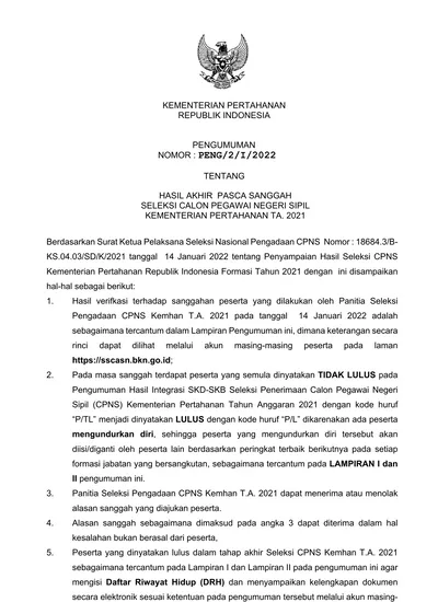 KEMENTERIAN PERTAHANAN REPUBLIK INDONESIA PENGUMUMAN NOMOR : PENG/2/I ...