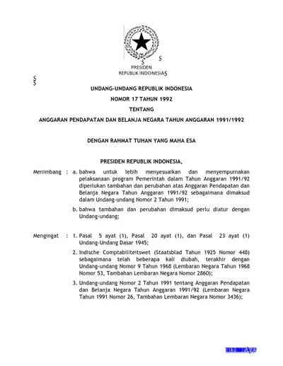 UNDANG-UNDANG REPUBLIK INDONESIA NOMOR 17 TAHUN 1992 TENTANG ANGGARAN ...