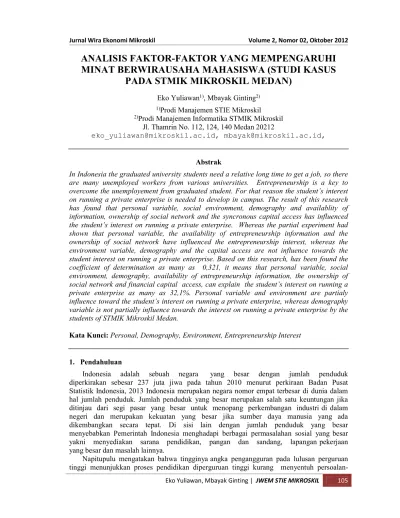 ANALISIS FAKTOR-FAKTOR YANG MEMPENGARUHI MINAT BERWIRAUSAHA MAHASISWA ...