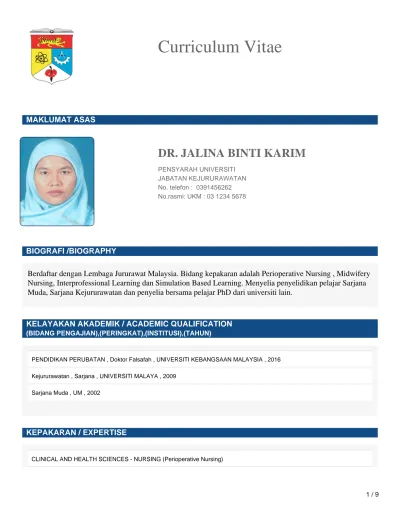 Curriculum Vitae DR. JALINA BINTI KARIM MAKLUMAT ASAS BIOGRAFI /BIOGRAPHY