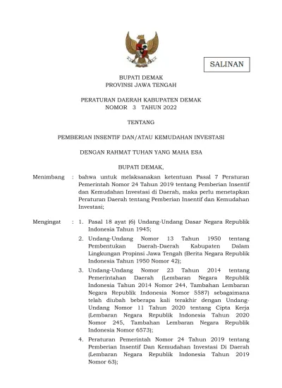 BUPATI DEMAK PROVINSI JAWA TENGAH PERATURAN DAERAH KABUPATEN DEMAK ...