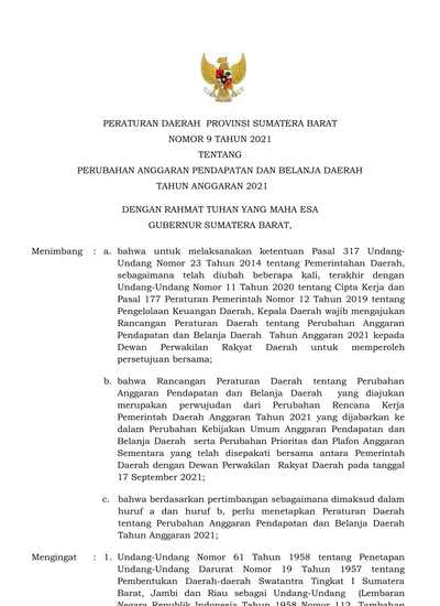 PERATURAN DAERAH PROVINSI SUMATERA BARAT NOMOR 9 TAHUN 2021 TENTANG ...